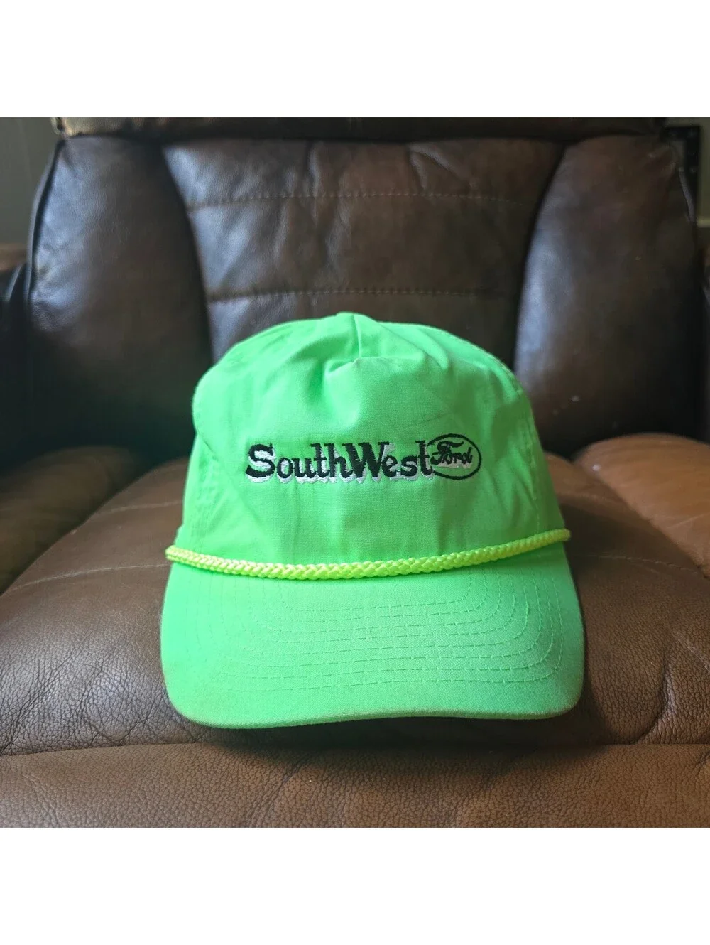 Vintage SouthWest Ford Dealership Rope Trucker Hat Snapback Neon Lime Green